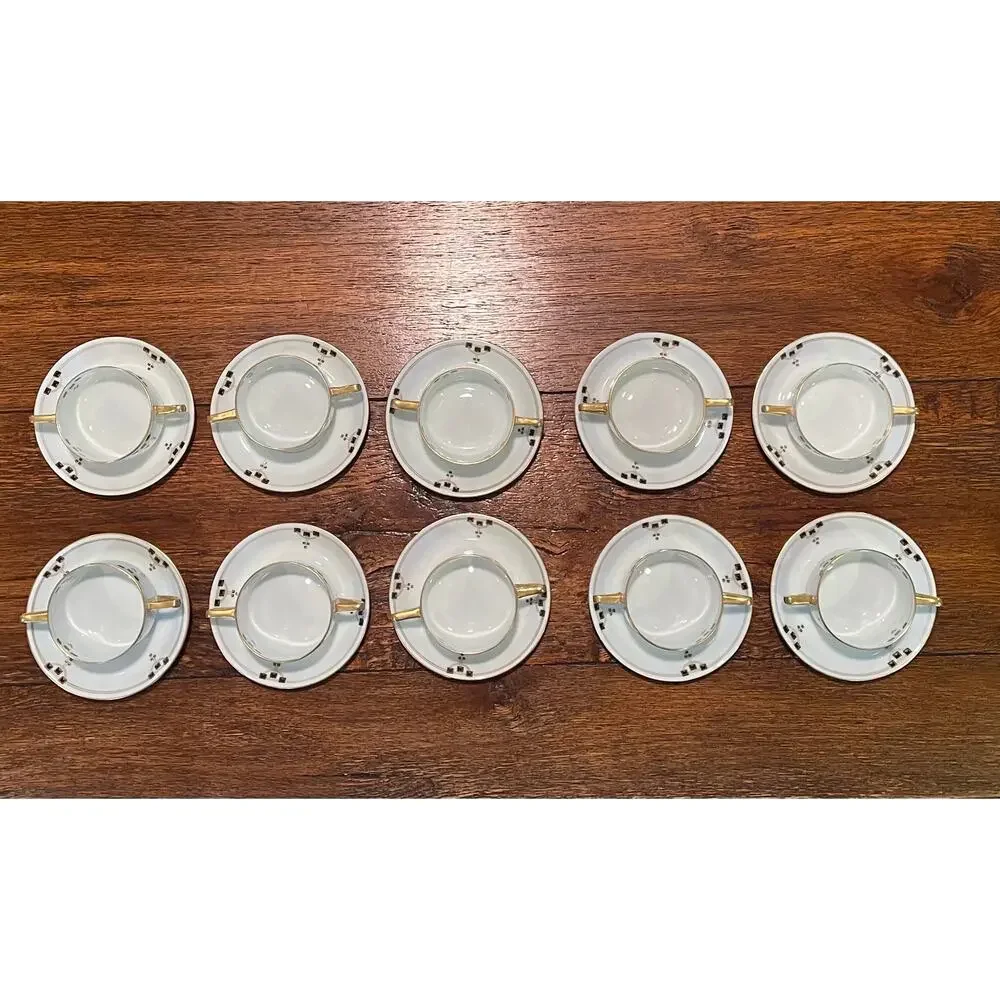 Vintage Victoria Austria Boullion Cup / Bowl & Saucer, Gold, Black, Set of 10